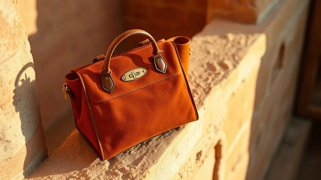 Sac en cuir fait main terracotta pose sur un mur en pierre sous la lumiere chaude d Agadir