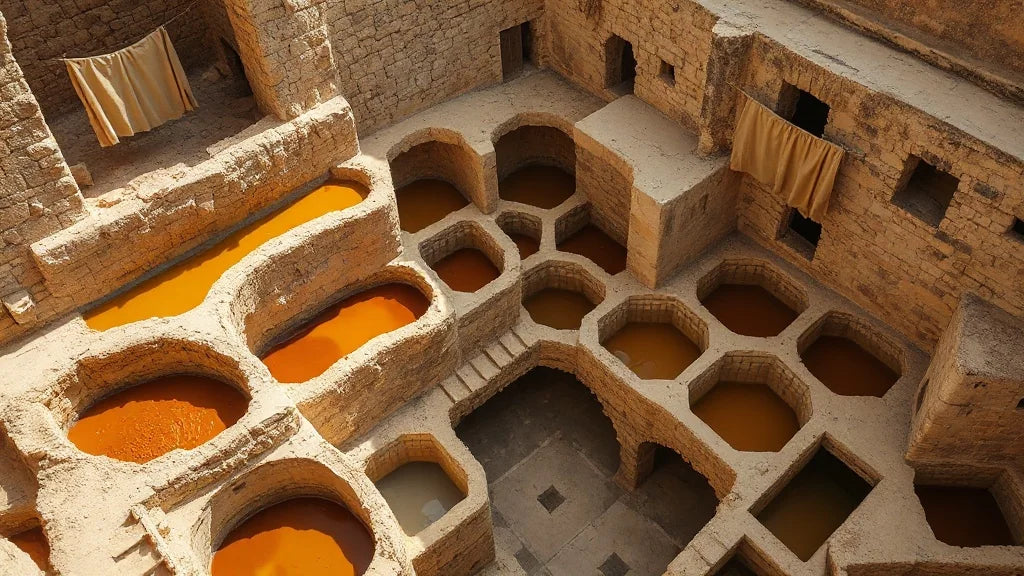 Vue des tanneries Chouara de Fes avec leurs cuves de teinture ocre et terracotta