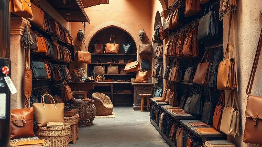 Sacs en cuir faits main exposés dans une boutique de la médina de Tanger