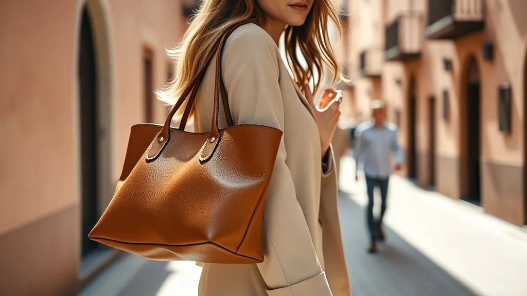 Femme portant un sac à main en cuir camel à l'épaule