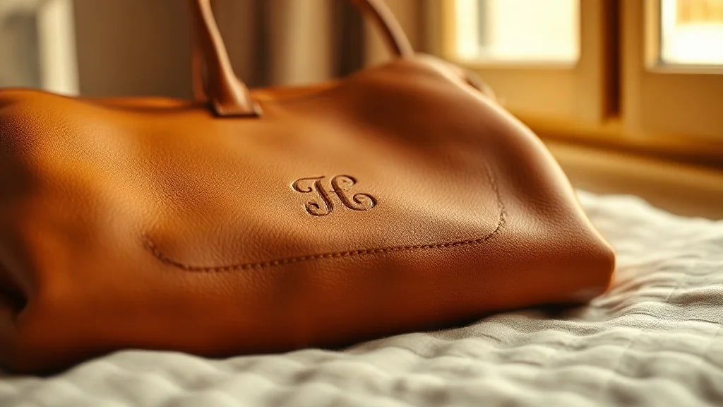 Sac en cuir personnalise avec initiales gravees sur fond neutre
