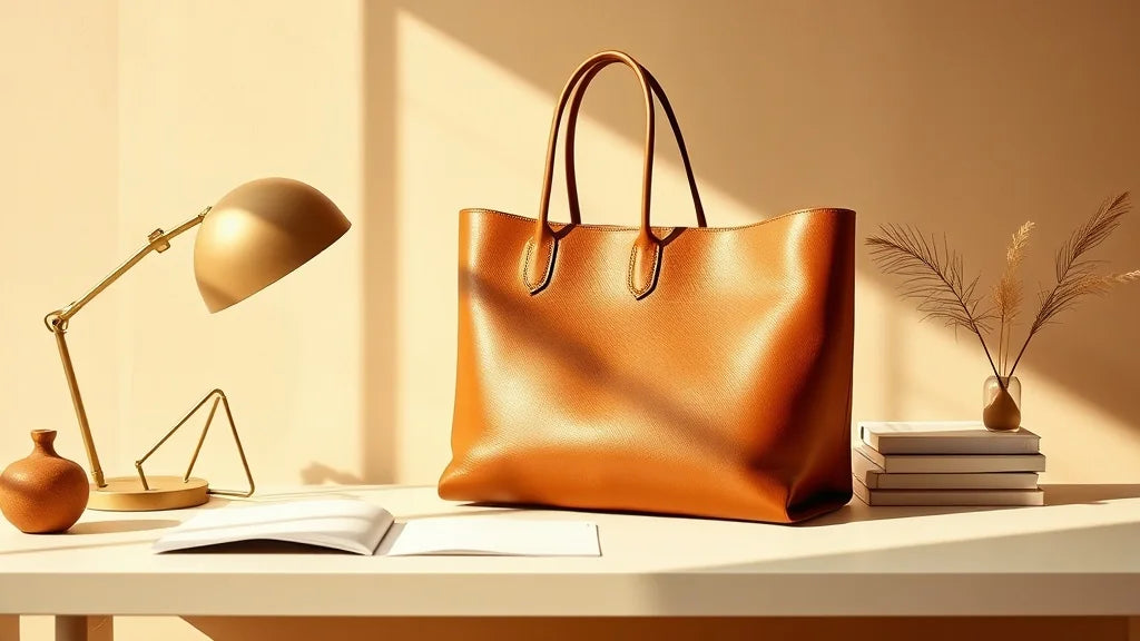 Sac cabas en cuir veritable pose sur un bureau elegant et epure